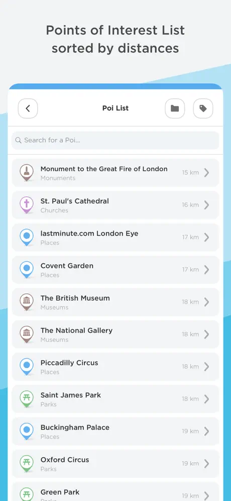 PlaceMapper POI list sorted by distance