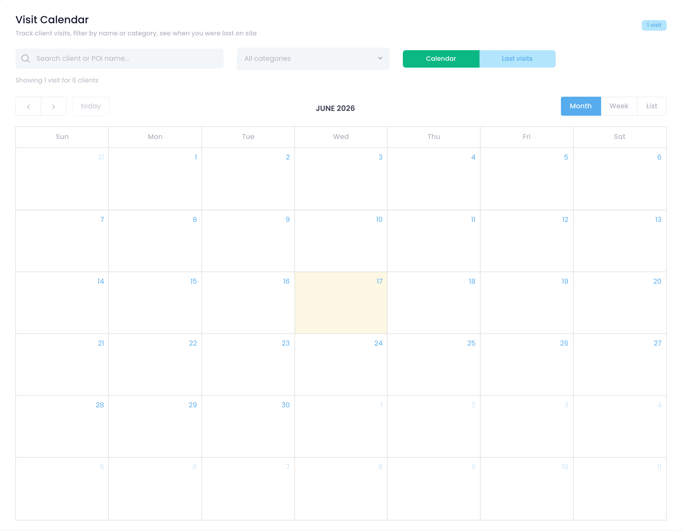 PlaceMapper visit calendar in the web dashboard